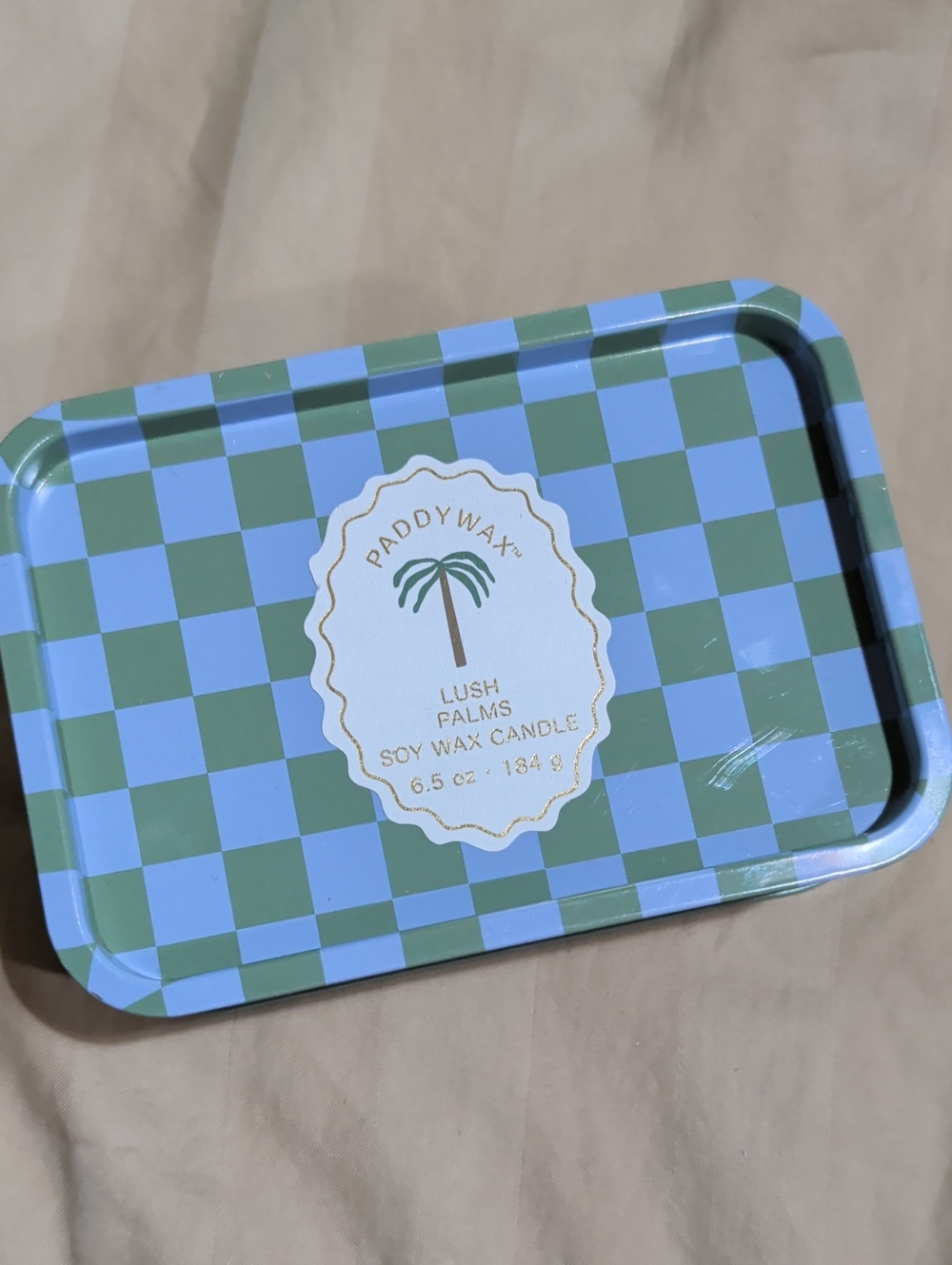 Paddywax Lush Palms Soy Candle Tin - Blue & Green Checker
